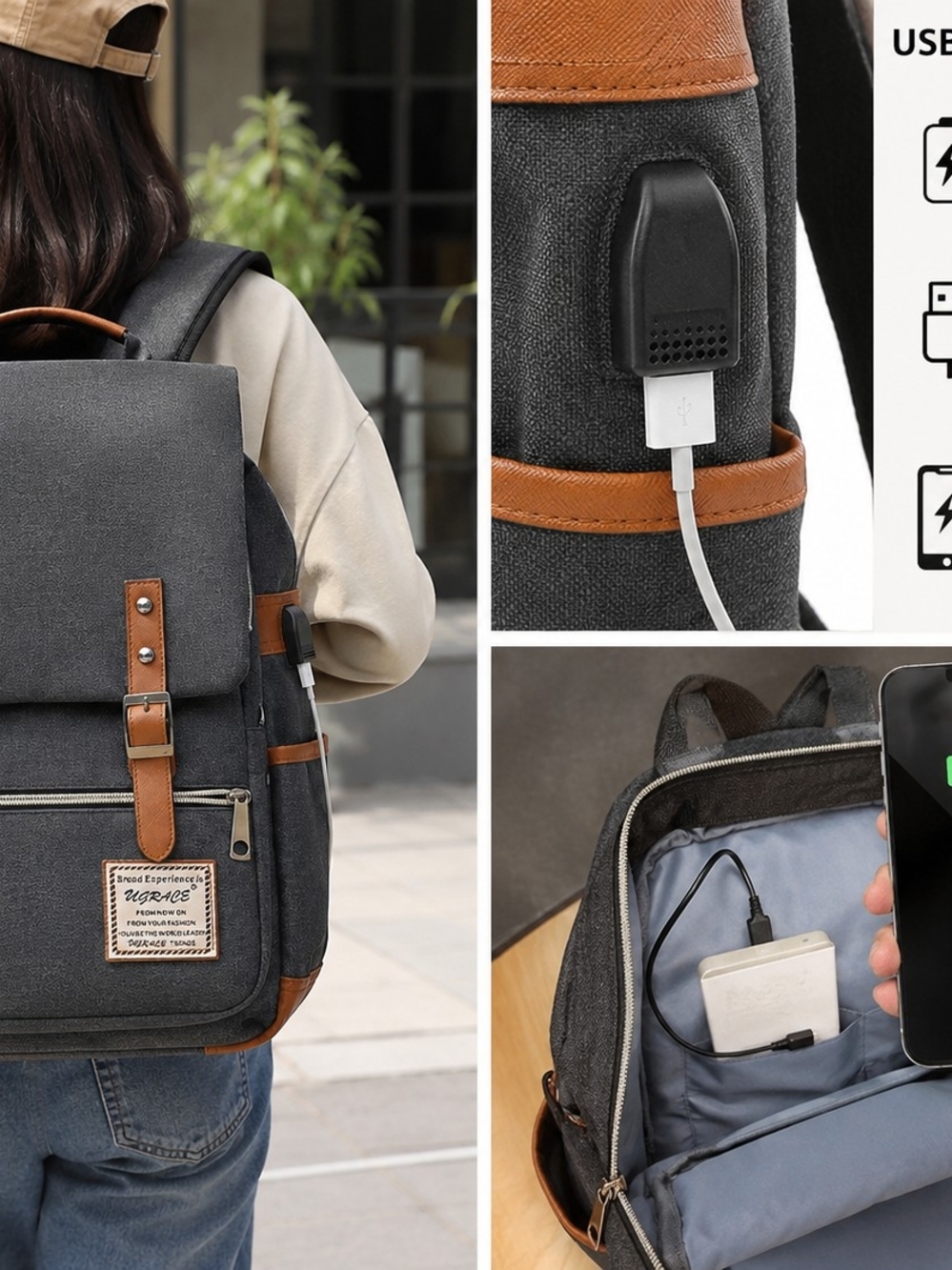 UGRACE gray canvas laptop/travel backpack Usb